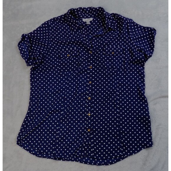 Dressbarn Top 1X Navy White Polka Dot Office Semi Sheer (BUNDLE PRICE $5) - Picture 1 of 5